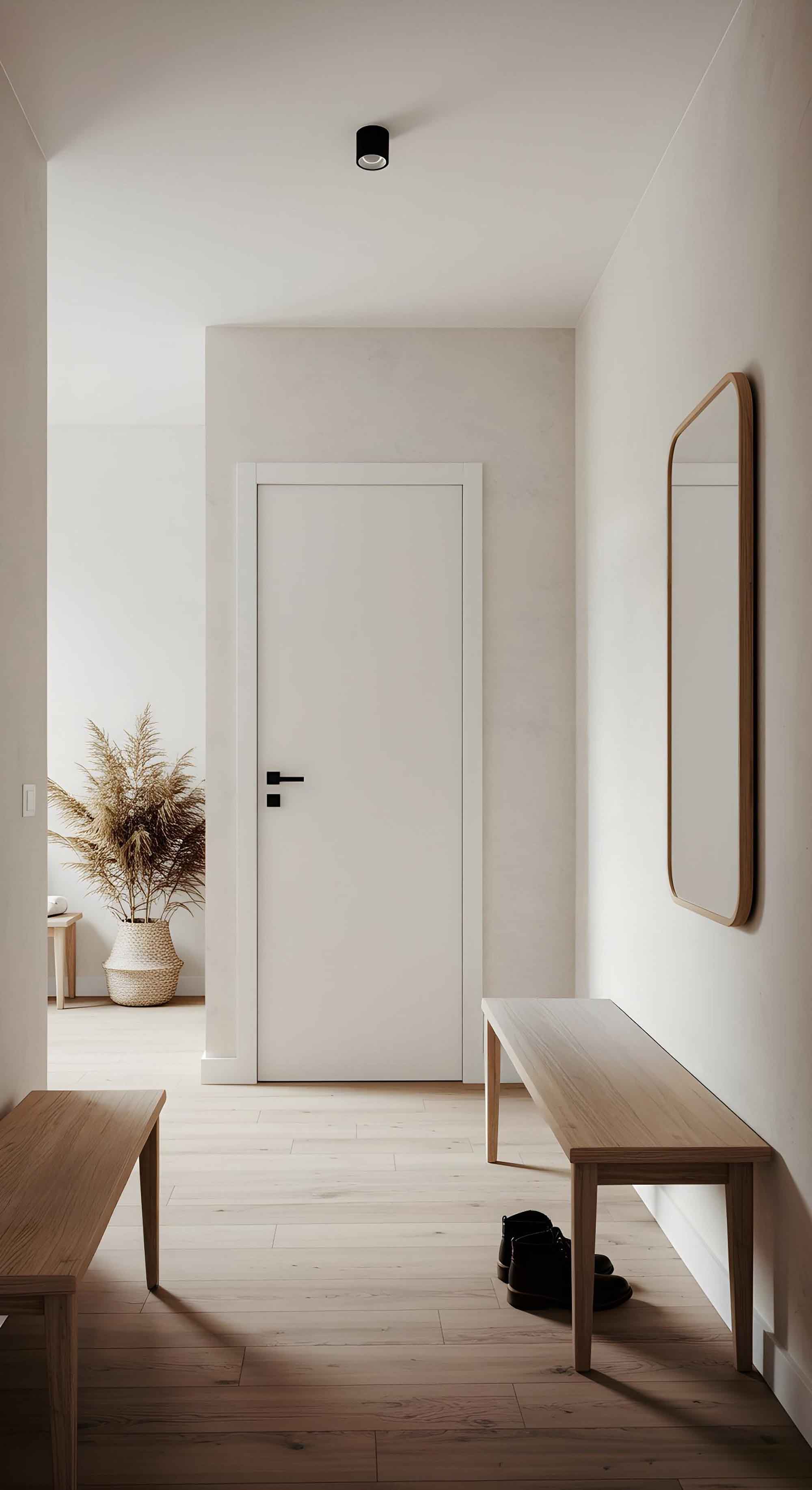 Interior minimalista del pasillo con banco de madera y espejo en sanpedrodealcantara